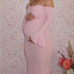 Off-Shoulder Pink Lace Maternity Dress